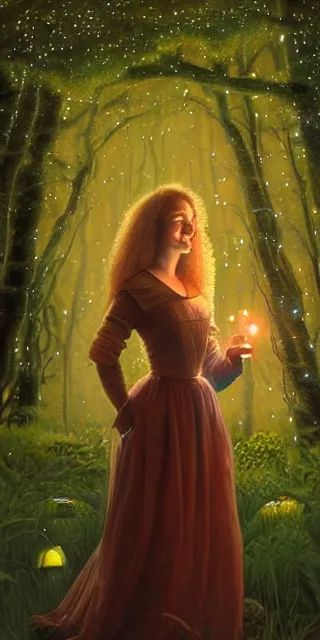 Prompt: young woman, smiling amazed, surrounded by firefly lights, full covering intricate detailed dress, amidst nature, long red hair, precise linework, accurate green eyes, small nose with freckles, smooth oval shape face, empathic, expressive emotions, dramatic lights, hyper realistic ultrafine art by artemisia gentileschi, jessica rossier, boris vallejo