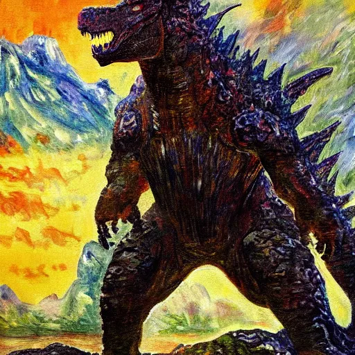 Image similar to impressionist painting of Godzilla in the style of Charles R. Knight