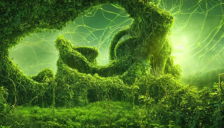 Image similar to A mothership leaving earth made of plants and vines, cinematic, megascans