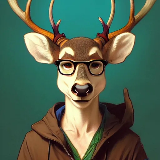 Prompt: anthropomorphic nerdy deer. Renowned character illustration by greg rutkowski, thomas kindkade, alphonse mucha, loish, norman rockwell. Trending on FurAffinity.