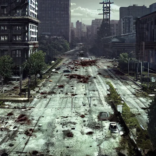 Prompt: a deserted zombie outbreak city, vegetation, post modern, post apocalyptic, the last of us, the walking dead, high definiton, high detail, ultra realistic, high quality, hyper realistic, 4 k uhd,