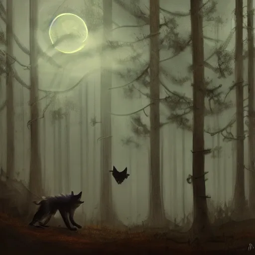 Image similar to wolves asleep amidst the trees, bats are all swaying in the breeze, digital painting, dark fantasy, cinematic lighting, mood lighting, realistic, digital art, trending on artstation, art by rutkowski