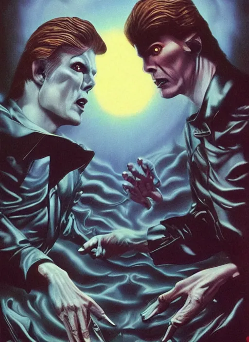 Prompt: twin peaks poster art, david bowie fighting his doppelganger gemini good and evil fantasy by, wayne barlowe, boris vallejo, aaron horkey, old retro pulp, by michael whelan, rossetti bouguereau, artgerm, nostalgic, old fashioned