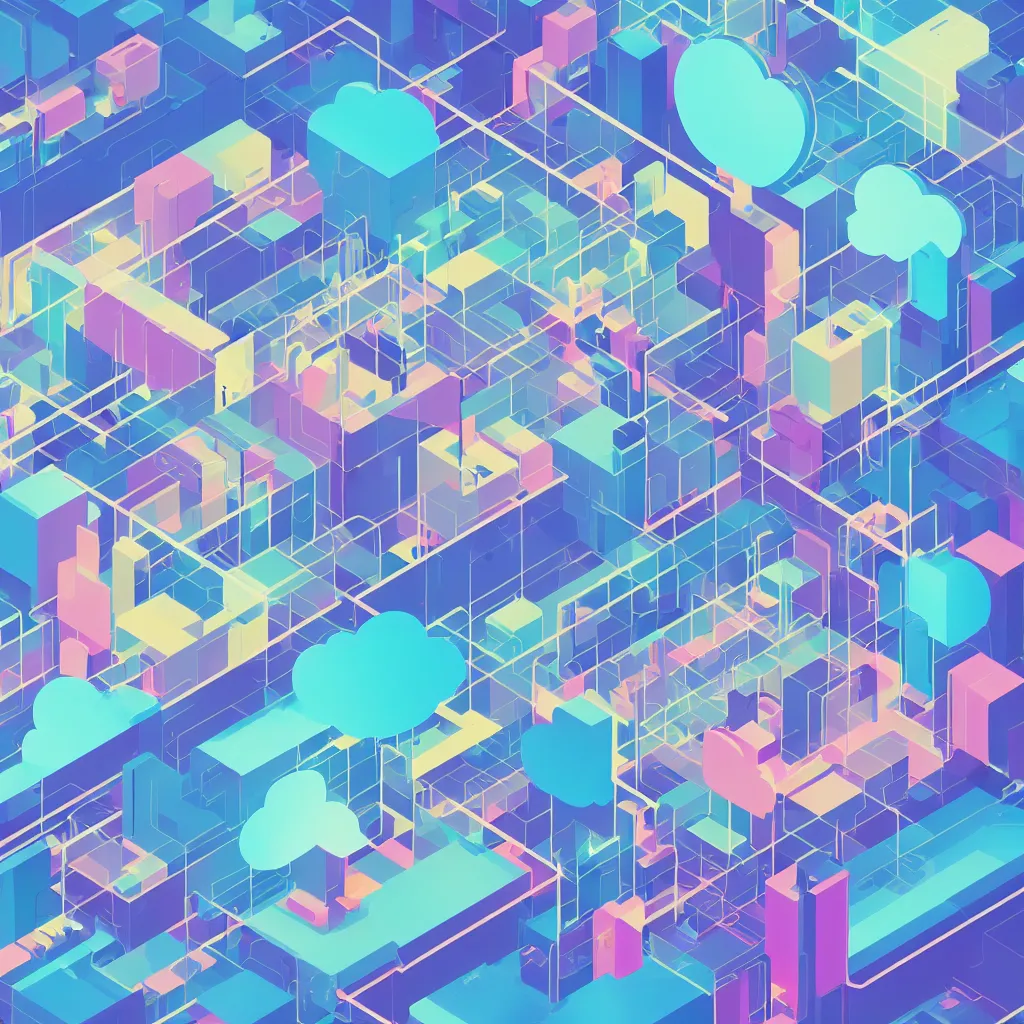 Prompt: a simple micro-service deployed to a datacenter, cloud, security, attack vector, trending on Artstation, painting by Jules Julien, Leslie David and Lisa Frank, muted colors with minimalism