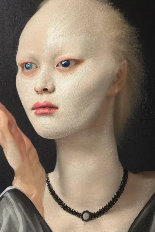 Image similar to hyperrealism oil painting, close - up portrait of albino medieval fashion model, black silk, steel gradient mixed with nebula sky, in style of baroque