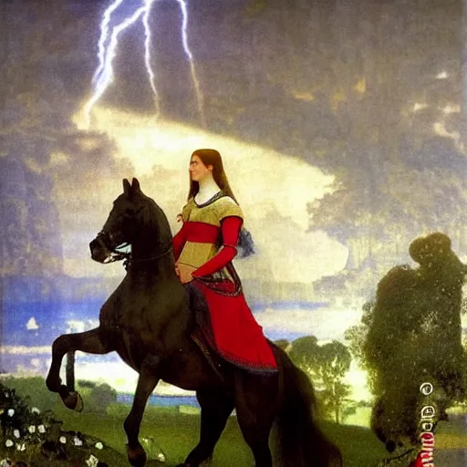 Prompt: Girl riding a horse leaving the castle through the bridge, thunderstorm, french garden on the background major arcana sky, by paul delaroche, alphonse mucha and arnold böcklin arnold böcklin hyperrealistic 8k, very detailed