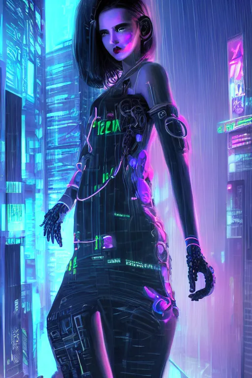 Image similar to portrait futuristic nefarious cyberpunk young female Necromancer, in futuristic rainny thunder flashing tokyo rooftop cyberpunk night, ssci-fi, fantasy, intricate, very very beautiful, elegant, neon light, highly detailed, digital painting, artstation, concept art, soft light, hdri, smooth, sharp focus, illustration, art by tian zi and craig mullins and WLOP and alphonse mucha