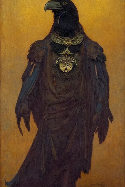 Image similar to an anthropomorphic raven dressed as a renaissance lord , by Annie Swynnerton and Nicholas Roerich and jean delville and Gaston Bussière, iridescent beetles, rich color, dramatic cinematic lighting, featured on Artstation, extremely detailed