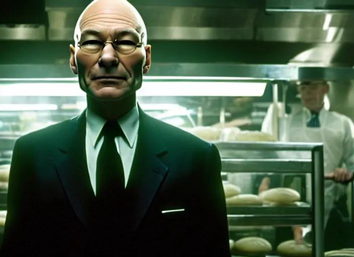 Image similar to film still of patrick stewart as agent smith working in a bakery in the new matrix movie, 4 k