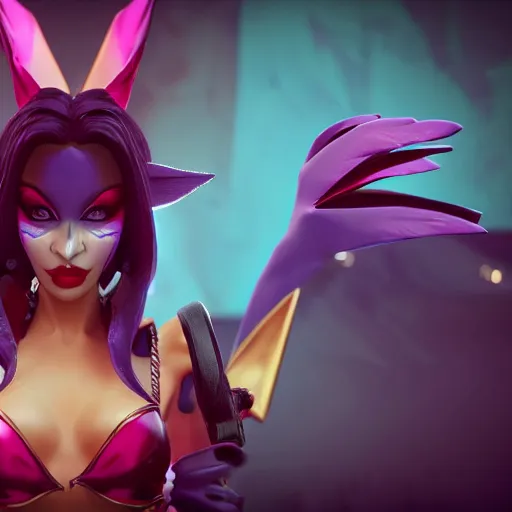 Image similar to still of pretty Xayah (League of Legends) in KDA More music video. 3d render, octane render, game art, realistic, highly detailed, trending on artstation, 4k, trending on artstation, pixar, cgsociety, unreal engine 5, redshift render, trending on artstation, blender, behance, cg