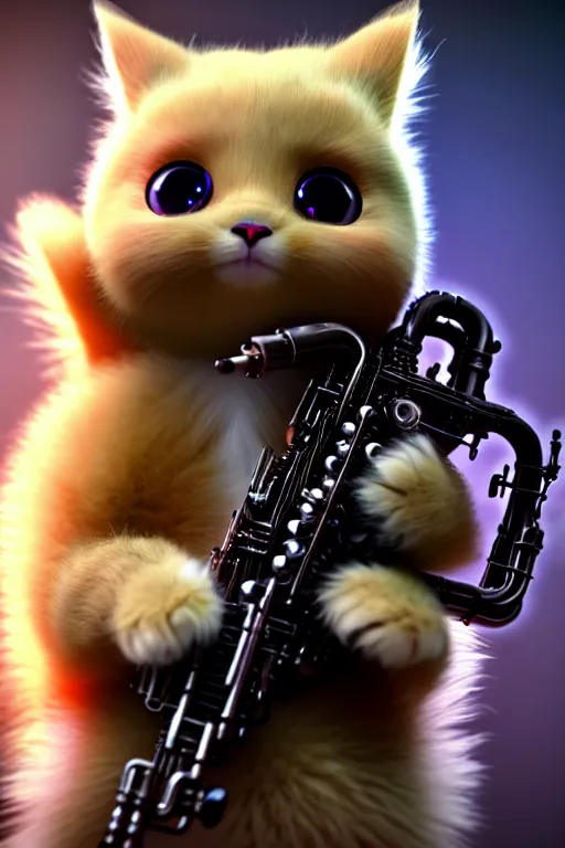 Image similar to high quality 3 d render very cute fluffy cyborg! cat plays saxophone, cyberpunk highly detailed, unreal engine cinematic smooth, in the style of blade runner & detective pikachu, hannah yata charlie immer, moody light, low angle, uhd 8 k, sharp focus