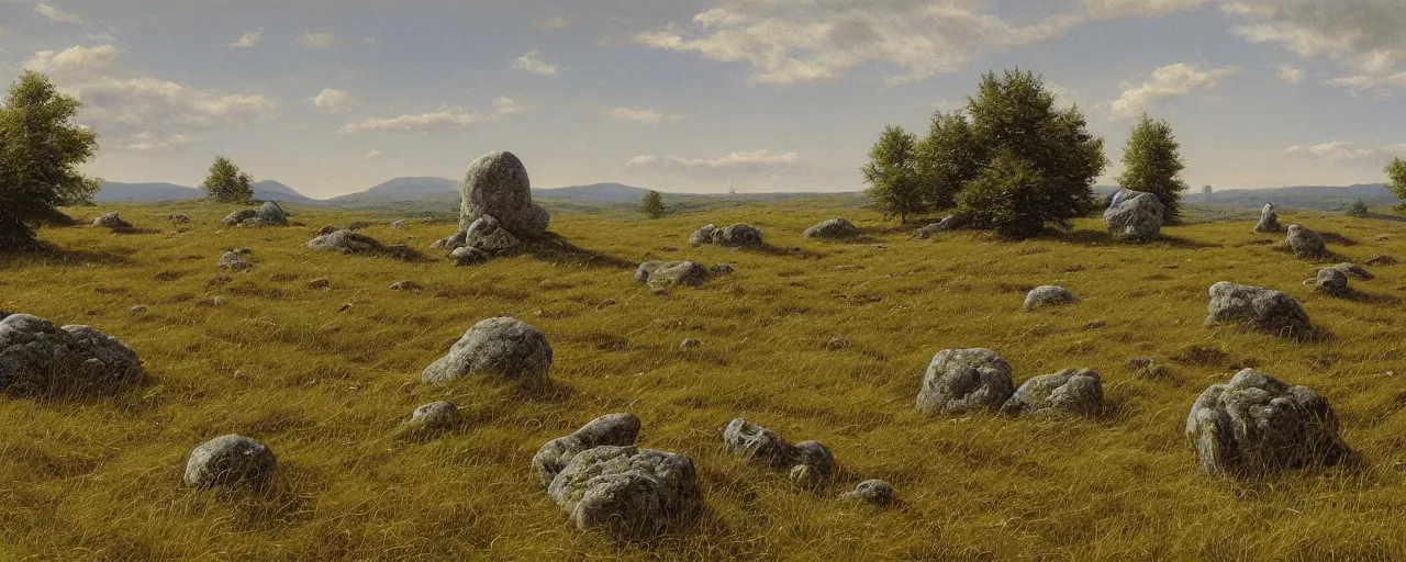 Prompt: a high hill meadow landscape with four tall stones on the top forming a circle, by ted nasmith