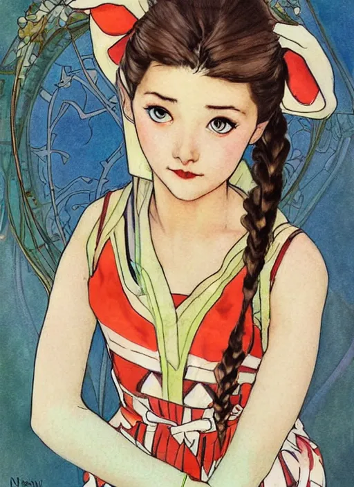 Image similar to a copic maker art nouveau portrait of a russian beautiful girl with sad face wearing a tennis player outfit inspired in inuyasha clothes by john berkey norman rockwell