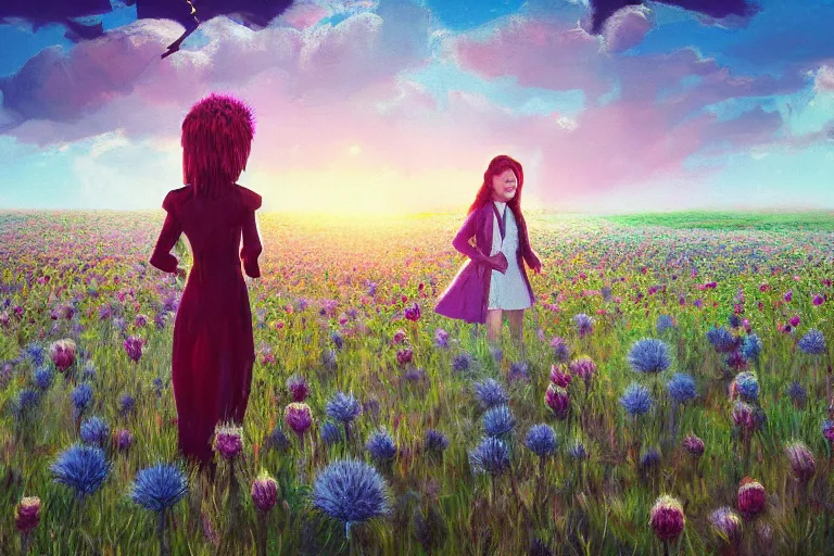 Image similar to giant thistle flower head, girl in suit in field of flowers, surreal photography, sunrise, blue sky, dramatic light, impressionist painting, digital painting, artstation, simon stalenhag