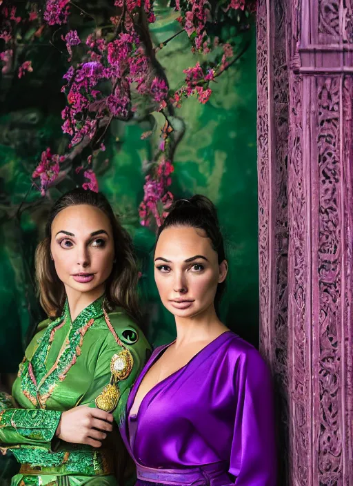 Image similar to portrait of lindsey pelas and gal gadot wearing green kebaya and purple silk belt in a temple, by charlotte grimm, natural light, detailed face, beautiful features, symmetrical, canon eos c 3 0 0, ƒ 1. 8, 3 5 mm, 8 k, medium - format print, half body shot