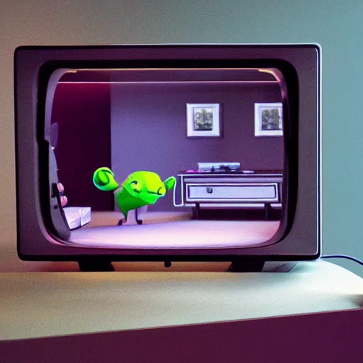 Image similar to crt televisions in a room with a lamp, claymation, 3 d, pixar, film grain, fisheye lens, made out of clay