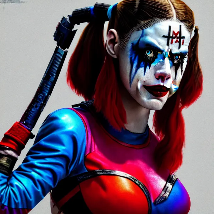 Image similar to portrait of alexandra daddario as a harley quinn in suicide squad. intricate abstract. intricate artwork. by tooth wu, wlop, beeple, dan mumford. octane render, trending on artstation, greg rutkowski very coherent symmetrical artwork. cinematic, hyper realism, high detail, octane render, 8 k, iridescent accents