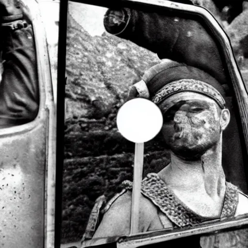 Prompt: a roman soldier taking a selfie inside of a car.