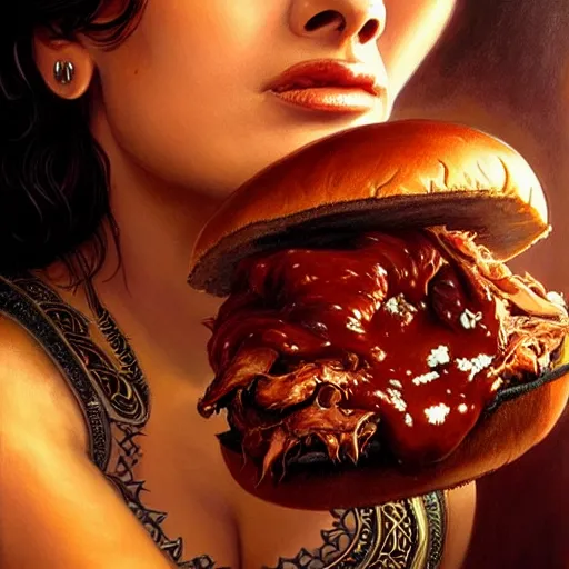 Prompt: Salma Hayek eating a huge pulled-pork sandwich dripping bbq sauce, closeup, D&D, fantasy, intricate, elegant, highly detailed, digital painting, artstation, concept art, matte, sharp focus, illustration, art by Artgerm and Greg Rutkowski and Alphonse Mucha