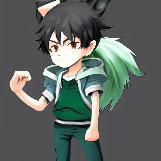 Image similar to a cute anthropomorphic anime boy with big squirrel ears, and a bushy tail and green hair. he wears a baggie blue hoodie. in the style of black clover. award winning video game character concept art. unreal engine octane render dramatic lighting dof