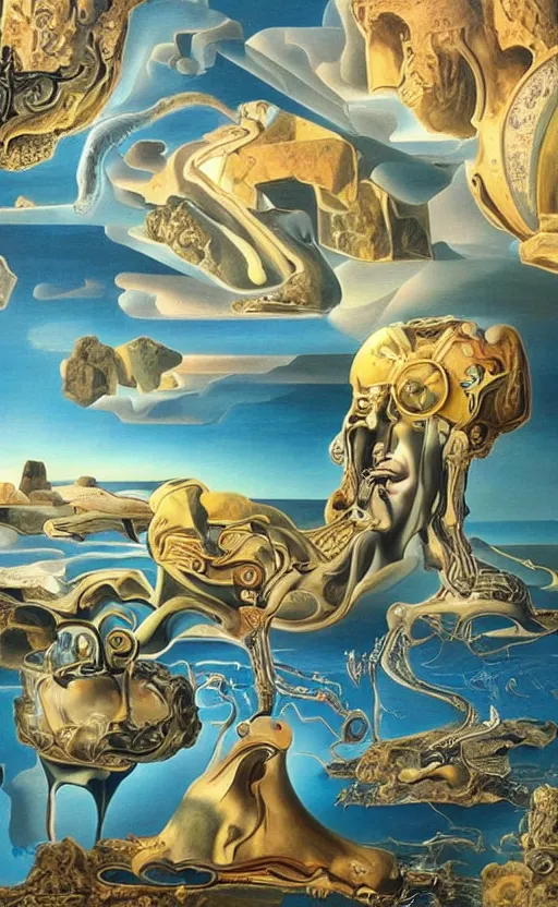 Prompt: the dreamscape of ancient technology, the fever dream of eternal singularity, illusions, oil on canvas painting, beautiful details, incredible shading, in the style of salvador dali