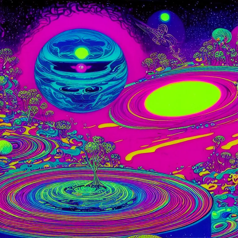 Image similar to psychedelic ringed planet, bright neon colors, highly detailed, cinematic, eyvind earle, tim white, philippe druillet, roger dean, lisa frank, aubrey beardsley