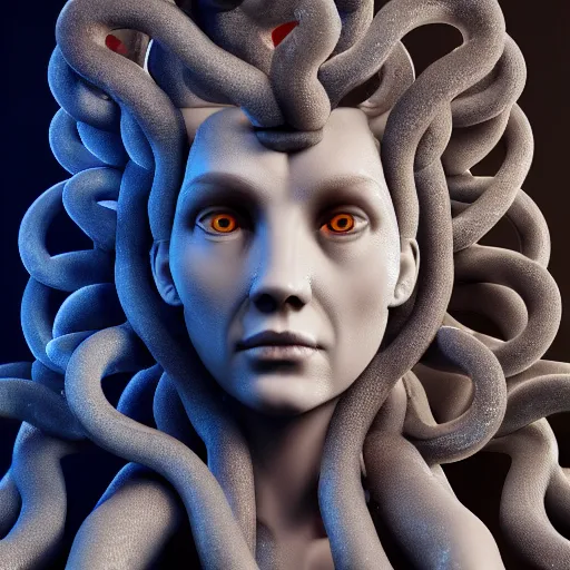 Image similar to portrait photo of a robotic gorgon medusa with borg implants, highly detailed, unreal 5 nanite, path tracing illumination, cinematic quality, 8k