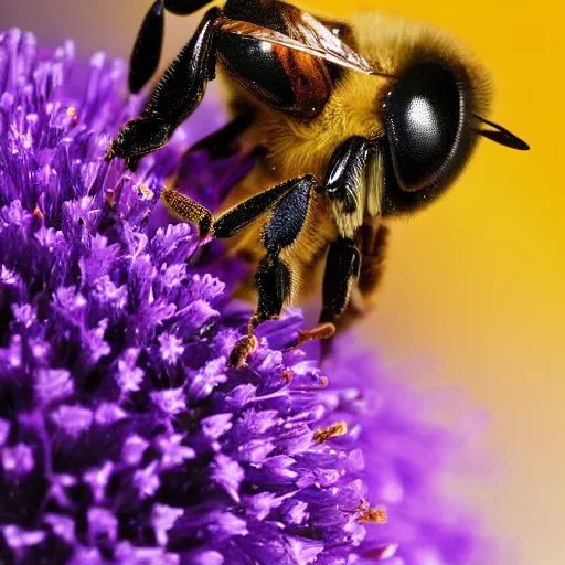 Image similar to an extreme close - up portrait of a bee on a flower, photographic filter, unreal engine 5, realistic, hyperdetailed, 8 k, cinematic, volumetric lighting, very realistic effect, hd, hdr, 4 k, sharp focus, octane render, ultra detailed, high resolution, trending on artstation in the style of albert dros glowing rich colors powerful imagery