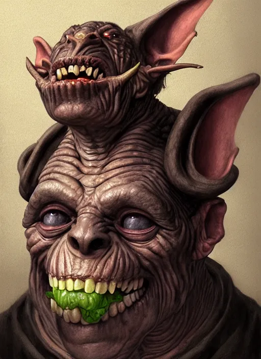 Image similar to profile face portrait of a medieval goblin eating cakes in the cloisters, beautiful face, hyper realistic, highly detailed, digital painting, artstation, illustration, concept art by hyung tae, bosch, giger, frank frazetta, digital paint, matte paint, washed colors, dark, gloomy