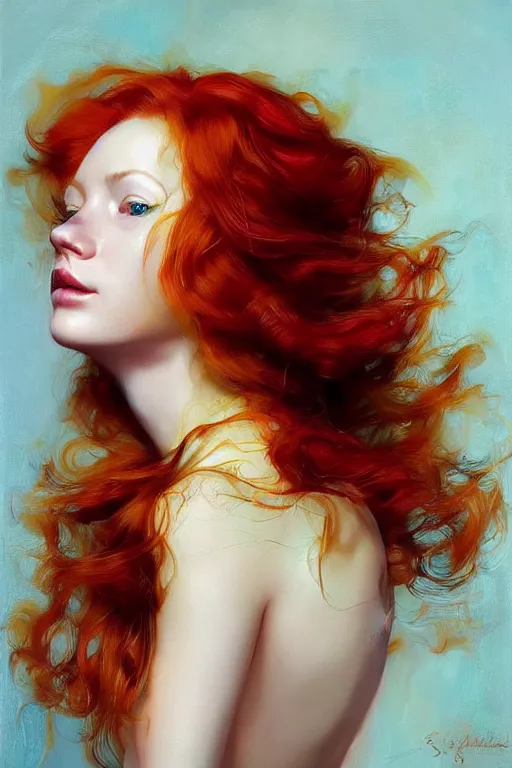 Image similar to hyper realistic painting portrait of a redhead girl with flowing curls and closed eyes, her skin is like gold and turquoise background, hyper detailed face by stjepan sejic, norman rockwell, michael hussar, roberto ferri and ruan jia