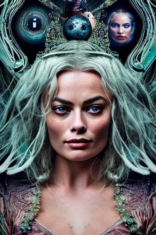 Image similar to Cinestill 50d, 8K, highly detailed, major arcana H.R Giger art nouveau nightmare Agnieszka Lorek tarot star card style 3/4 extreme closeup portrait of margot robbie, eye contact, focus on model, tilt shift background: famous major arcana tarot remake, transformation scene