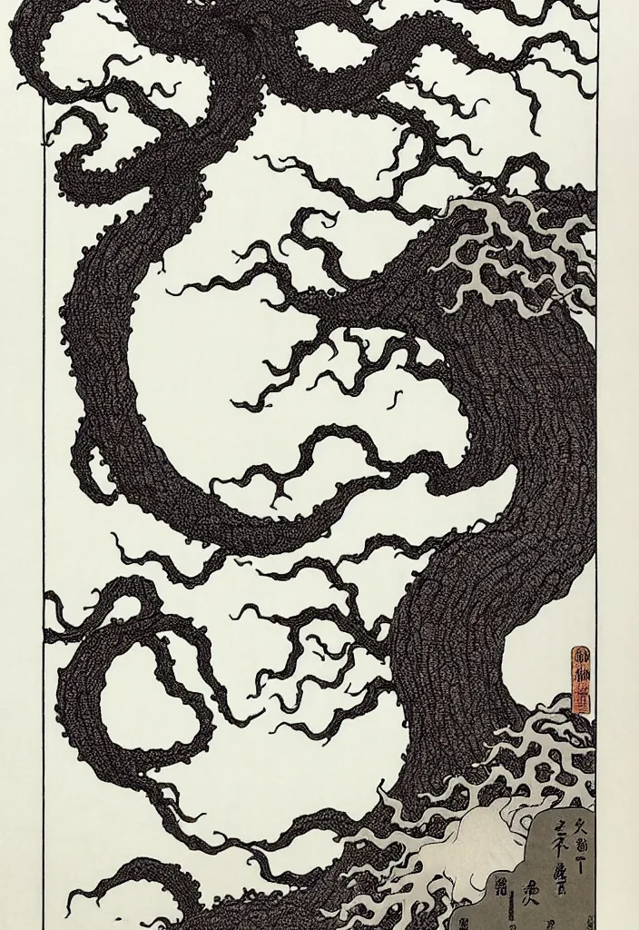 Prompt: prompt: alchemical squid white Bonsai tree holding and merging into big moon drawn by Takato Yamamoto, Japanese woodblock print style of Hokusai, white moon and on the sides alchemical artifacts and mysterious entities attributes and trinkets, clean ink detailed line drawing, intricate detail, manga 1990