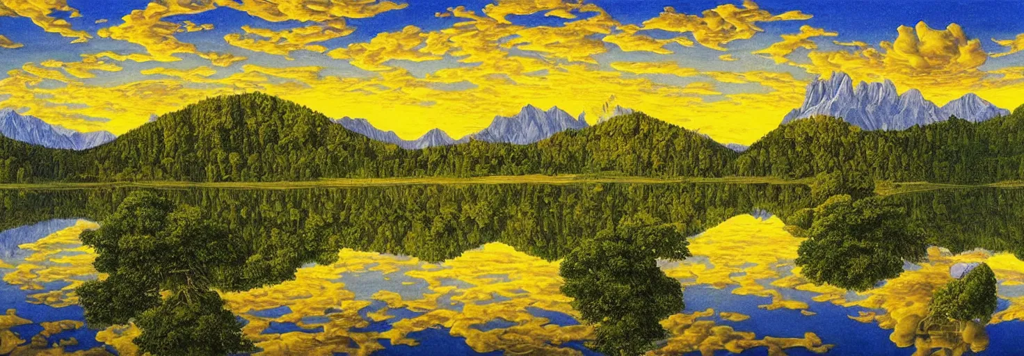 Image similar to escher painting of a lake, big trees reflecting on lake surface, mountains at background, an ufo in the air, fluffy clouds, sunset, yellow, green, red, snowy, ultra sharp, ultra detailed, happy, uplifting, colorized by salvador