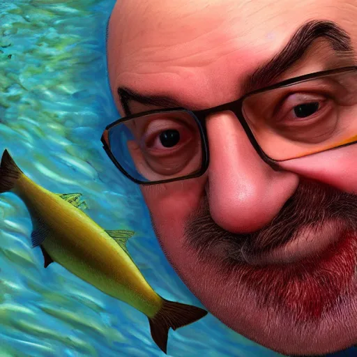 Prompt: a swimming salmon that looks like salman rushdie, a realistic portrait and realism, a sharp focus, ten flats, digital art, bright colors, trending on artstation, unreal engine