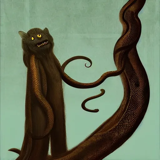 Image similar to by tony conrad, by christian schloe threatening, dismal. a digital art of a large, looming creature with a long, snake body. many large, sharp teeth, & eyes glow. wrapped around a large tree, bent under the weight. small figure in foreground, a sword, dwarfed by the size of the creature.