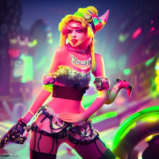 Image similar to Princess peach mixed with jinx from league of legends, dancing, background jet ground radio, fullshot, raytrayced, octane render, epic composition, intricate details, hyperrealist, dark neon punk, by Alessandro Barbucci, Barbara Canepa