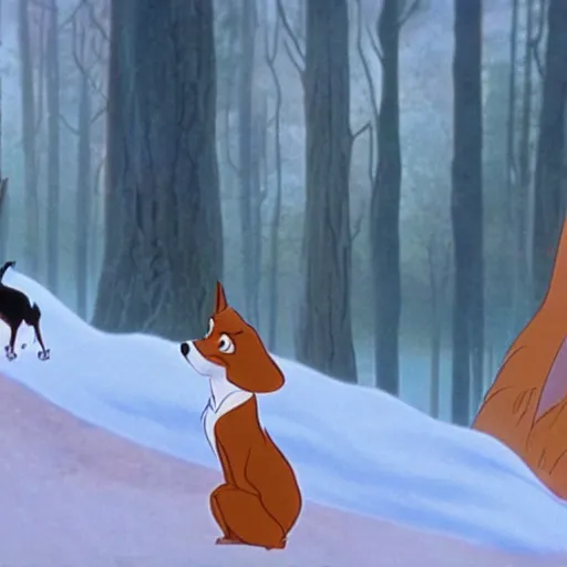Prompt: a still frame from the fox and the hound ( 1 9 8 1 )