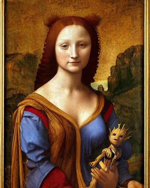 Image similar to a oil painting of lady with an groot, by leonardo da vinci.