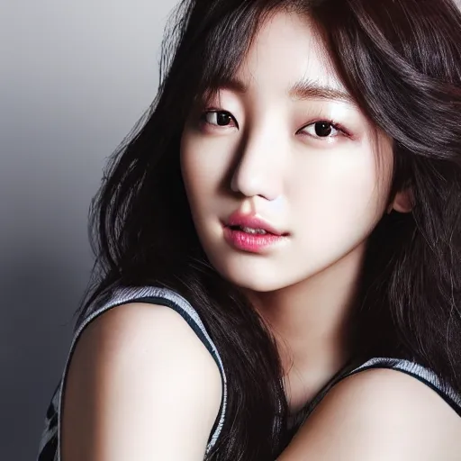 Image similar to Park shin hye look alike, beautiful south korean woman, model, actress, soft skin, black hair, dark brown eyes, studio lighting, hyper realistic, 8k, art station