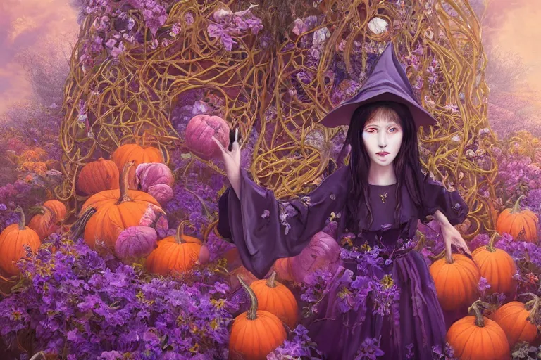 Prompt: breathtaking detailed concept art painting of a young witch, orthodox saint, with piercing purple eyes, ornate background, amalgamation of pumpkins and flowers, by Hsiao-Ron Cheng, James jean, Miho Hirano, Hayao Miyazaki, extremely moody lighting, 8K