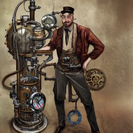 Image similar to A random pointless contraption ((steampunk)) industrial appliance pneumatic machine with no apparent purpose, being operated by a scholarly looking man with a clear directed gaze, artwork by Steve Henderson