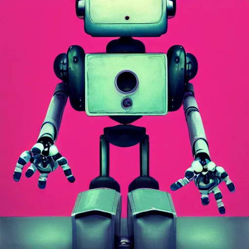 Image similar to a comunity manager robot. subject in shot pop surrealism muted colors. pink background. by jean - baptiste monge, wide shot, depth of field