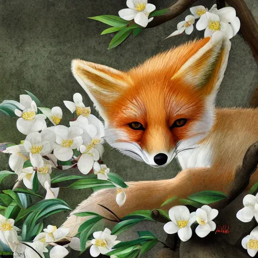 Prompt: small red fox in a forest full of white magnolias, fantasy, photorealistic, highly detailed