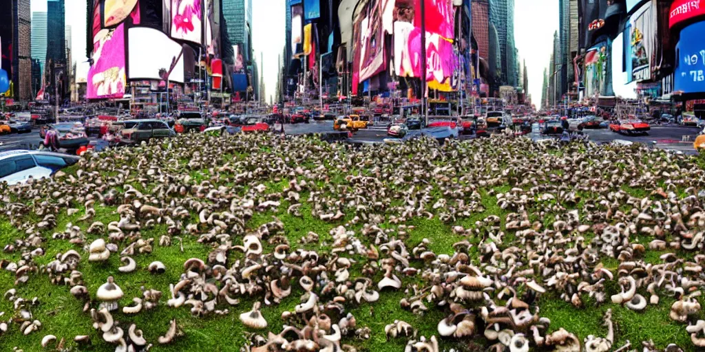 Prompt: Times Square overgrown with mushrooms, Alternate Universe