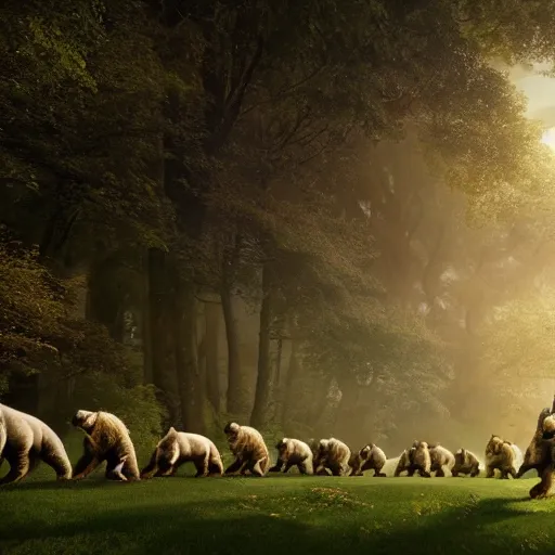 Image similar to an line of armored bears facing a line of cyber-bulls, magical forest, fantasy, Ireland, England, king Arthur, Lord of the rings, cinematic, realistic style, beautiful, majestic, dramatic lighting, early morning, dawn CGsociety, realistic, hyper maximalist, golden ratio, octane render, rule of thirds, wide shot , 8k resolution, epic volumetric light, cinematography, concept art, Artstation trending, environments, fantasy