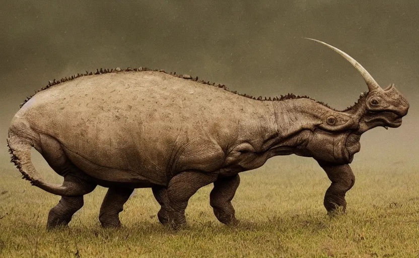 Prompt: nature photography of a rain soaked triceratops and her baby, african savannah, rainfall, muddy embankment, fog, digital photograph, award winning, 5 0 mm, telephoto lens, national geographic, muscular legs, large eyes