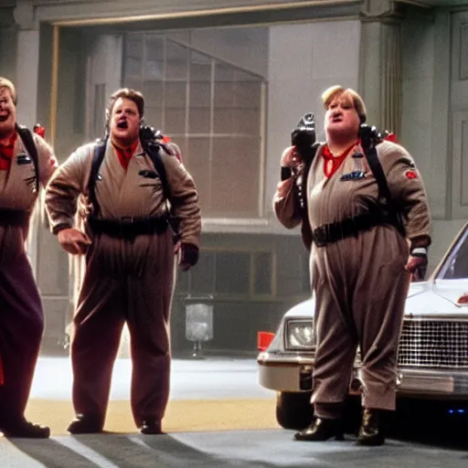 Image similar to Chris Farley as a Ghostbuster in the movie Ghostbusters 8k hdr