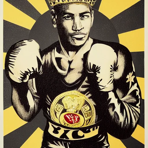 Image similar to Sideview Portrait of professional boxer with a pig head wearing boxing gloves with a gold crown on it's head Shepard Fairey