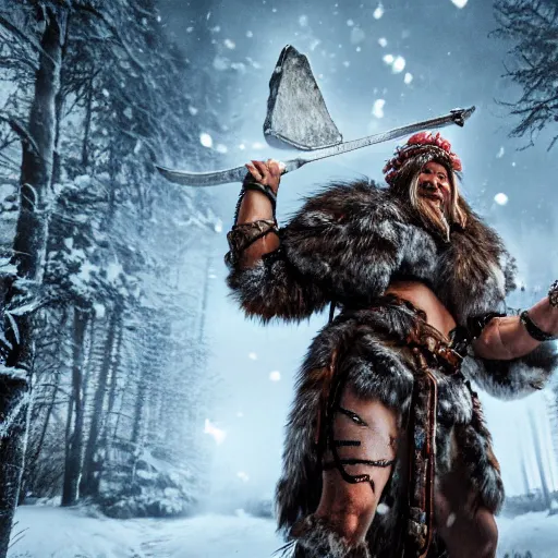 Prompt: a dnd barbarian half frost giant wearing a fur coat, shoulder armor and holding an axe, high resolution film still, 4k, HDR color