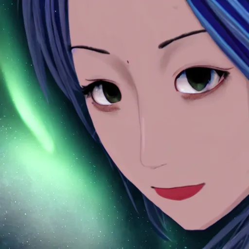 Prompt: a closeup of rimuru tempest as a realistic woman, soft facial expression, ultra realistic, fully clothed, intricate details, highly detailed, 8 k, photorealistic, beneath an aurora, a canopy overhead